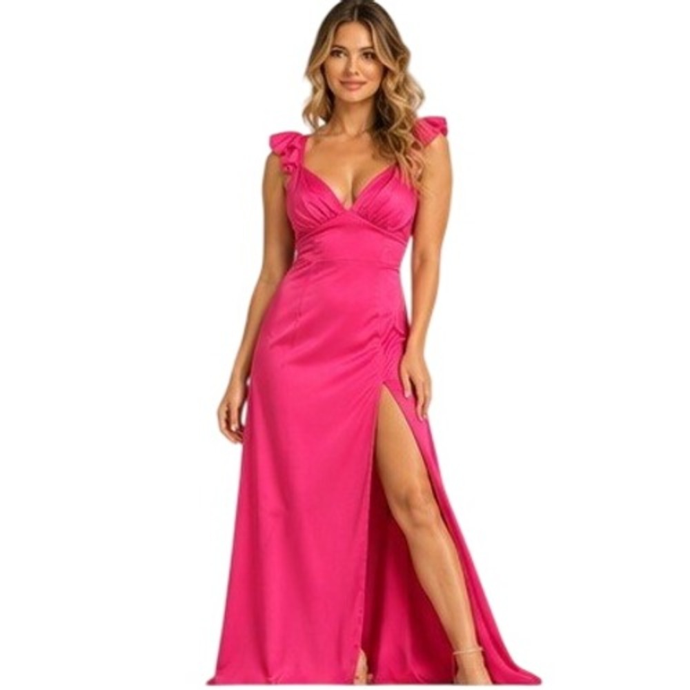Barbie Azazie Maxi Dress Sz 18 Floor Length Satin Ruffle V-Neck Gown